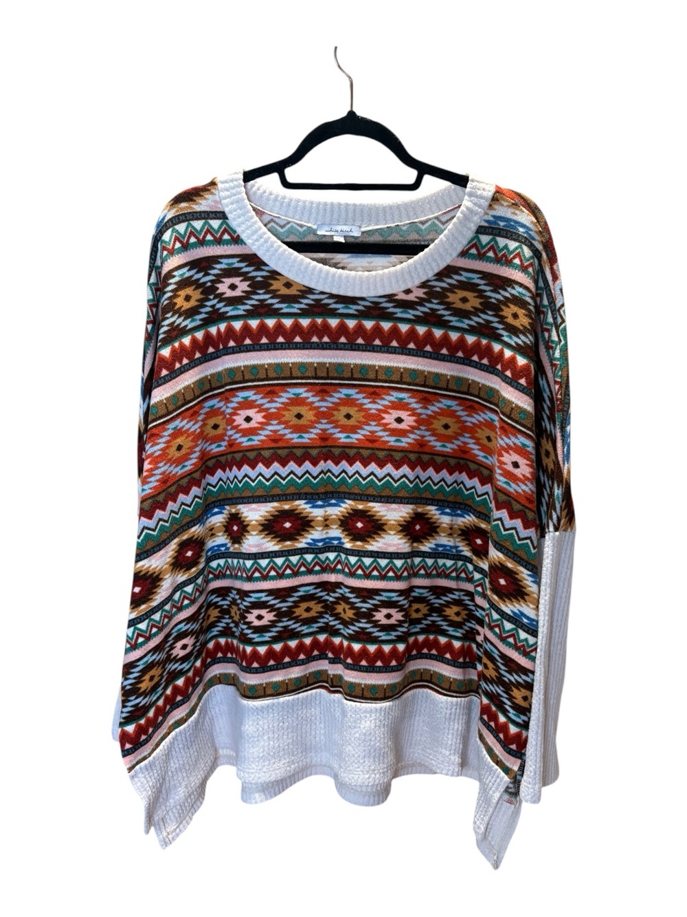 white birch Multicolor Aztec Print Crewneck Sweater with White Trim